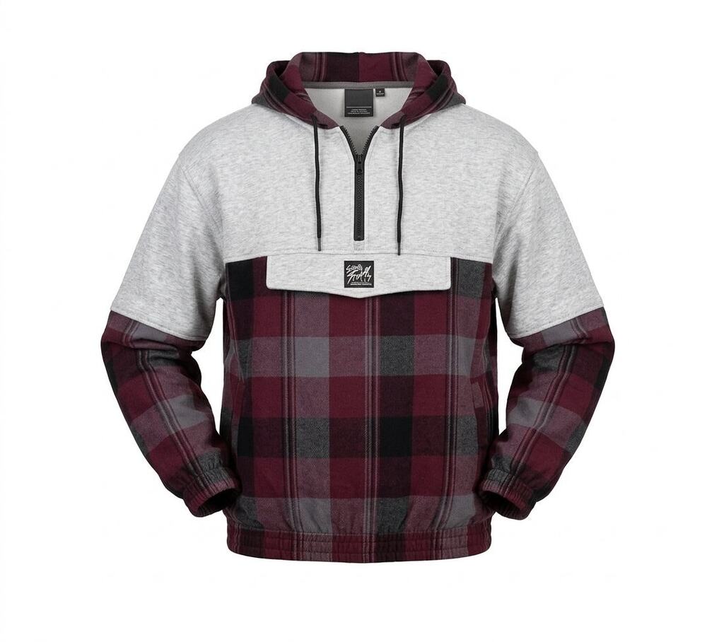 Vintage Surf Style Hoodie Sweatshirt Plaid Mixed Media Mens One Size